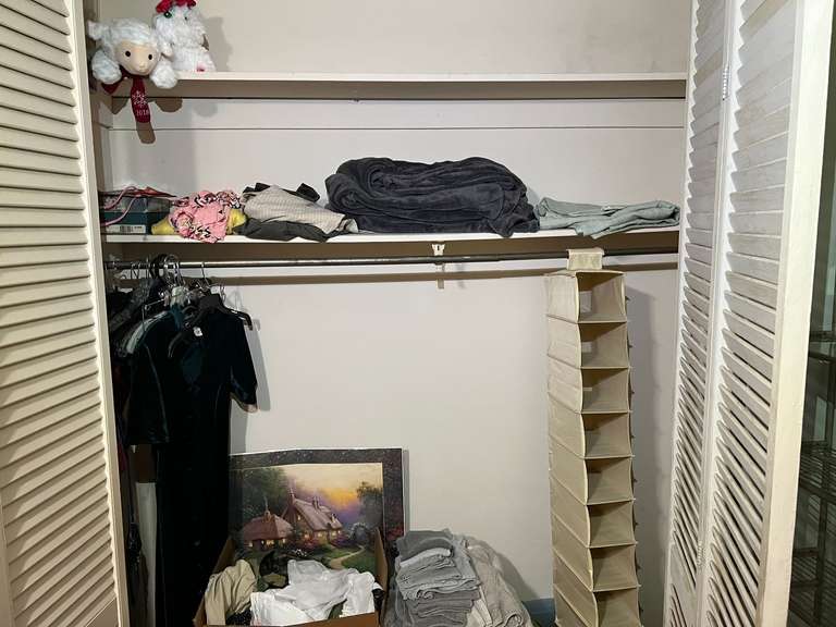 BR1…Closet lot marked 1223, includes entire content. Items include assorted clothing, blanket, towels, and more. See pictures for details. image
