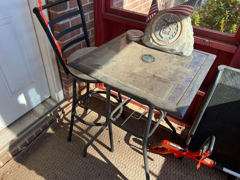 BP inside… Metal framed bistro table with metal framed barstool, and more. See pictures for details. ￼ image