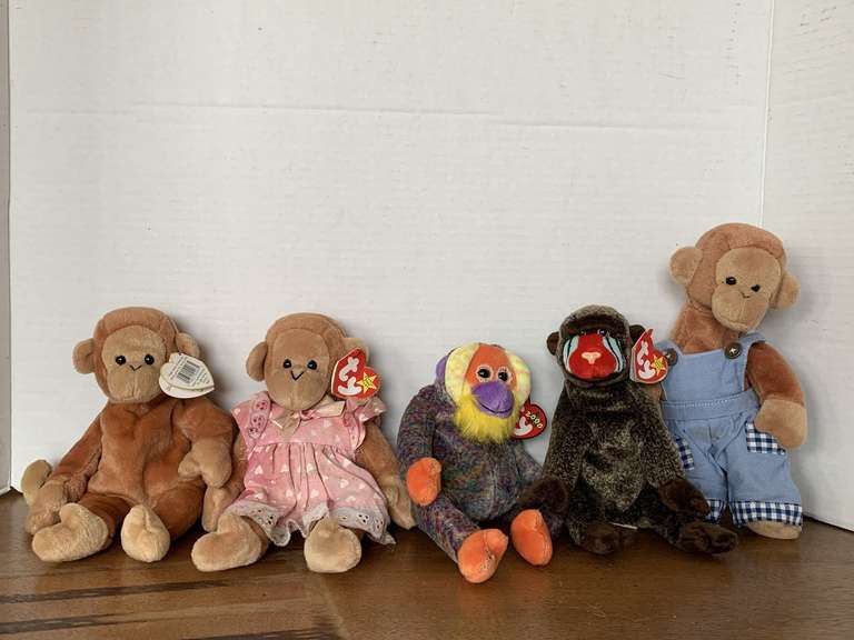 5 TY BEANIE BABIES (2000 BANANAS, THREE 1995 BONGO, 1999 CHEEKS) image