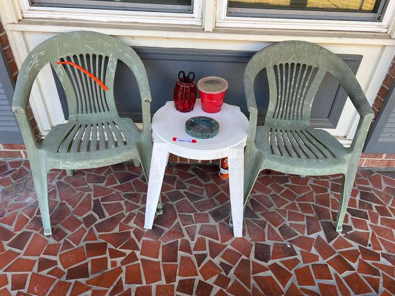 Front porch… Outdoor furniture to include plastic outdoor chairs, and table with content. See pictures for details. image