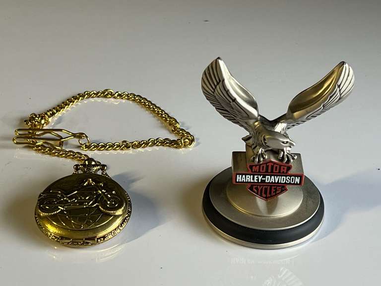 Garage… The Franklin mint, Harley Davidson pocket watch stand, comes with a motorcycle themed pocket watch, see pictures for details. image