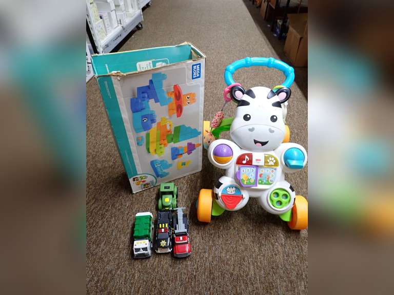Mixed Toy Lot: Mega Bloks, Toy Trucks, and Walker image