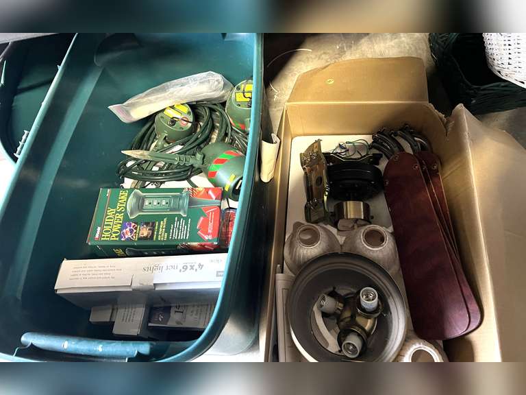 Garage… Louden 46” brushed nickel, low profile ceiling fan with light, working condition unknown, also includes tub with assorted Christmas lighting, and more, tub is included, see pictures for details. image