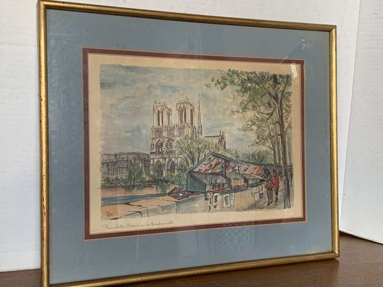 VINTAGE ORIGINAL WATERCOLOR NOTRE DAME IN PARIS SIGNED 16 1/4" X 13 1/4" image