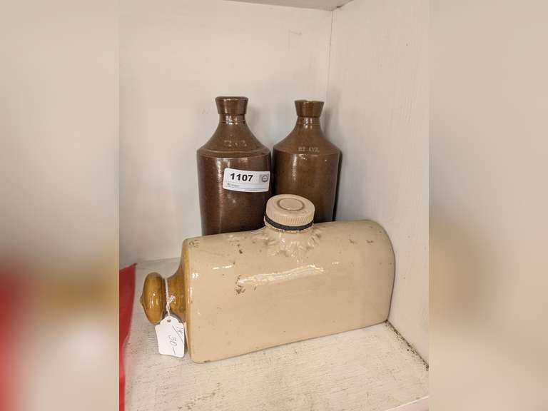 PAIR OF OLD P.  &  J. ARNOLD GLAZED POTTERY CROCK 32 OZ BOTTLES AND GLAZED POTTERY ROLLING PIN DECANTER image