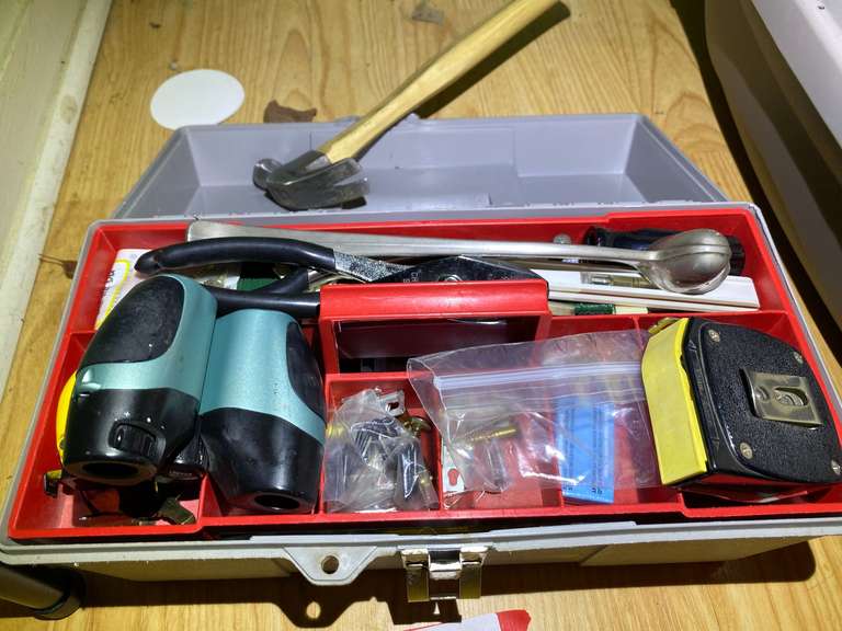 DR… Small household toolbox with content of assorted hand tools, and more. See pictures for details. image