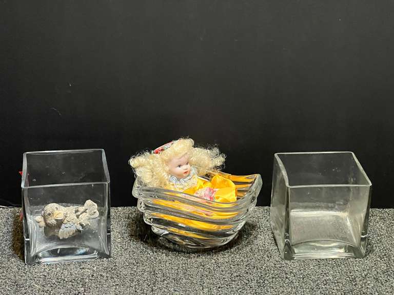 Home decor to include glass block vases, and a Bohemian crystal wave bowl, and more. See pictures for details. image