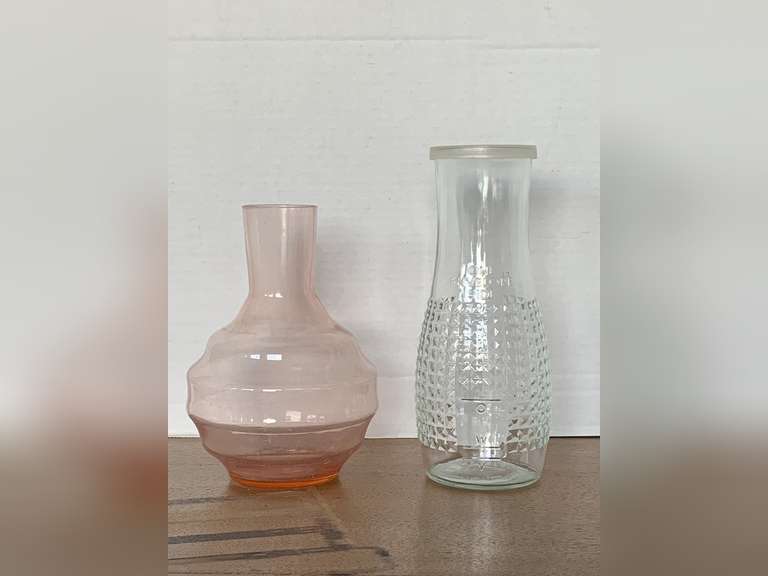 VINTAGE GOOD SEASONS CRUET 8 1/4" TALL & VINTAGE PINK DEPRESSION GLASS CARAFE 7 1/4" TALL image