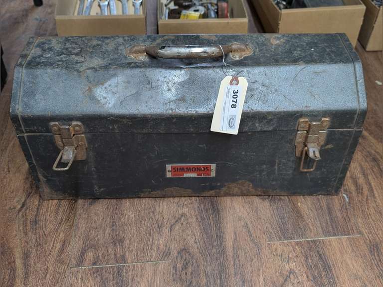 CHISELS, PUNCHES, AND MORE, LOT INCLUDES VINTAGE SIMMONDS METAL TOOL BOX image