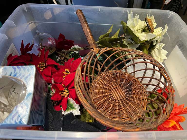 Garage… Tote of assorted faux flowers and more, tote is included, see pictures for details. image