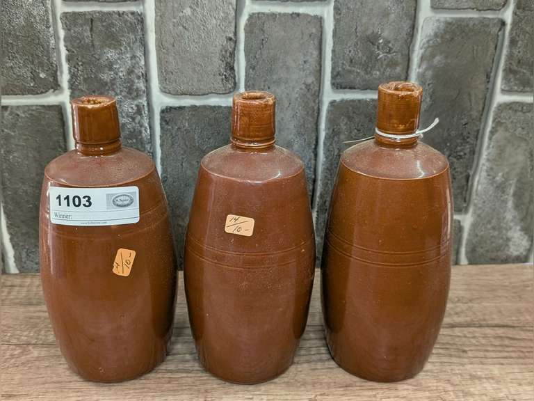 THREE VINTAGE GLAZED POTTERY BOTTLE VASES image