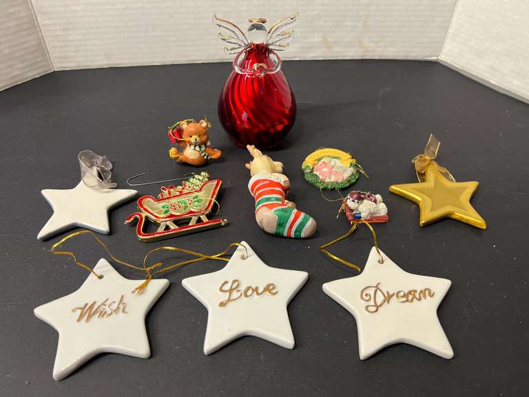 BR2…Glass angel ornament, star ornaments, and more, comes with woven basket, see pictures for details. image