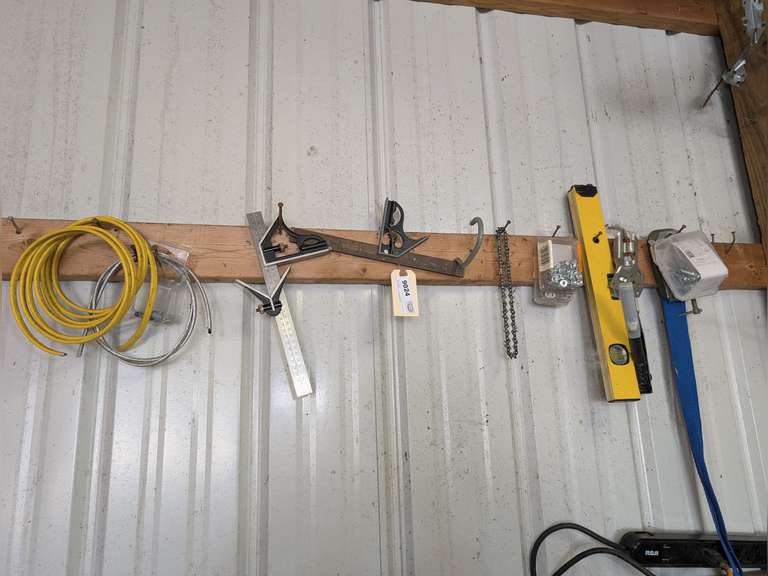 ALL ITEMS HANGING ON TOP BOARD AREA MARKED 9024 INCLUDING HARDWARE, C-CLAMP, RIVET GUN, LEVEL, SQUARE TOOLS, AND MORE image