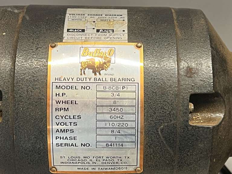 Buffalo heavy duty bench grinder, powers up, see pictures for details.