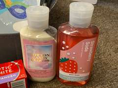 Assorted toiletries and crafting items, includes body wash, wine bottle bag, toothbrushes, toothpaste, and much more. Tubs are not included, see pictures for details.