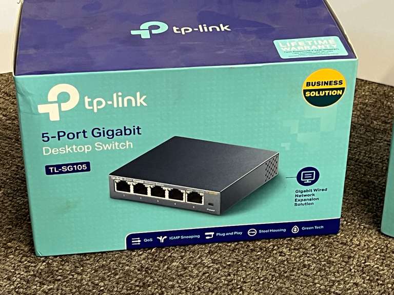 TP – link five port gigabit desktop switch, set of three, comes in original boxes, see pictures for details.