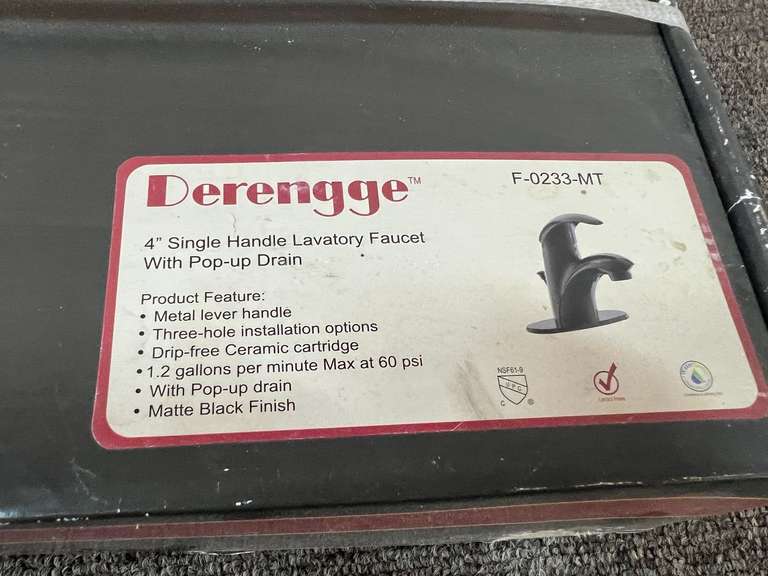 Derengge 4” single handle lavatory faucet, still new in the box, see pictures for details.