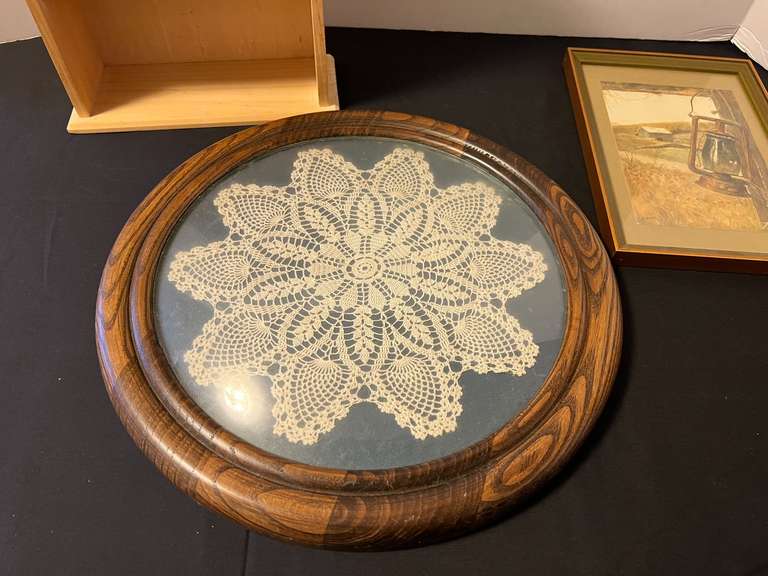 BR1…Assorted home decor to include miniature wall mount curio, framed doily, and more.