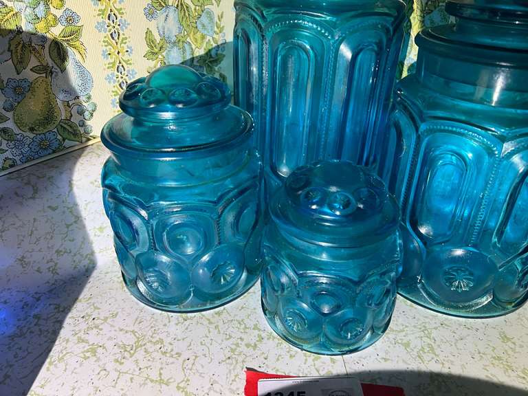 KIT… Canister set, four pieces, believed to be vintage LE Smith glass, moon and stars pattern, see pictures for details.