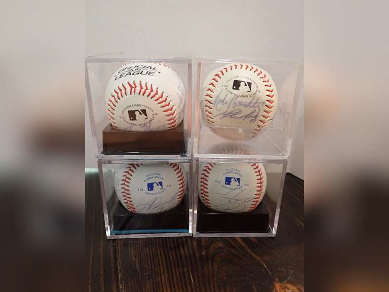 (4) AUTOGRAPHED OFFICIAL LEAGE BASEBALLS IN DISPLAY CASES
