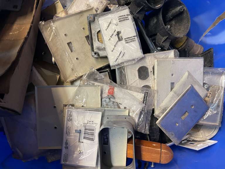 Mystery lot of assorted electrical receptacles, plates, and more. See pictures for details.