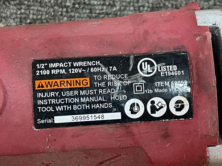 Chicago Electric 1/2” electric impact wrench, powers up, see pictures for details. See pictures for details.