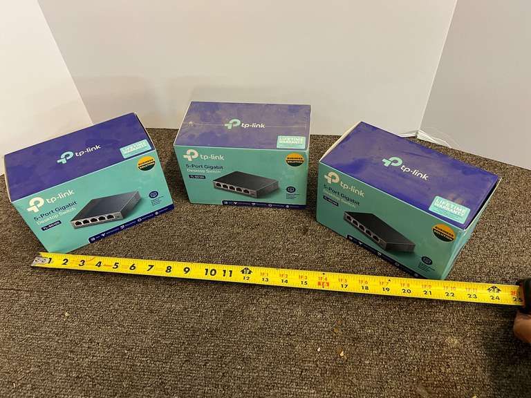 TP – link five port gigabit desktop switch, set of three, comes in original boxes, see pictures for details.