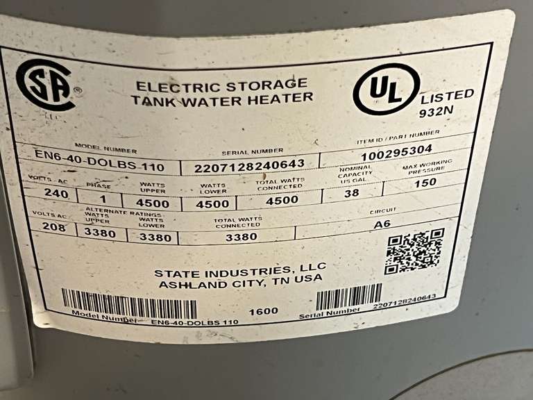 State pro line commercial grade 38 gal water heater, see pictures for details.