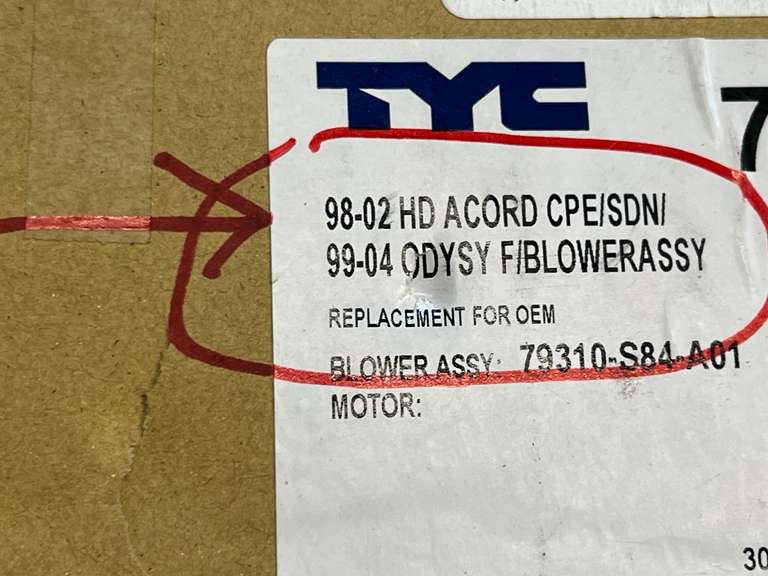 TYC Honda Accord CPE/SDN front blower assembly, for ‘98–‘02 Accords, still new in the box, see pictures for details.