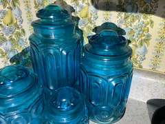KIT… Canister set, four pieces, believed to be vintage LE Smith glass, moon and stars pattern, see pictures for details.