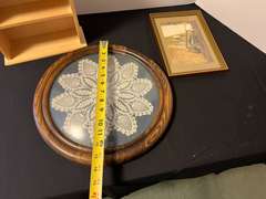 BR1…Assorted home decor to include miniature wall mount curio, framed doily, and more.