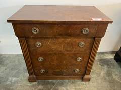 Vintage Empire four drawer chest, drawers are lined, this piece has a Burlwood look, and there is some surface wear, see pictures for details.