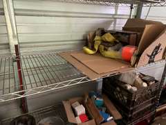 Bay 1 (house)…Two 6-shelf metal wire storage racks with content, also includes content between shelving units. Items include an electric pressure washer, box fan, flat shovel, battery charger, orbital hand sander, dovetail joint fixture, and more. See pictures for details.