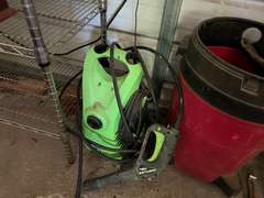 Bay 1 (house)…Two 6-shelf metal wire storage racks with content, also includes content between shelving units. Items include an electric pressure washer, box fan, flat shovel, battery charger, orbital hand sander, dovetail joint fixture, and more. See pictures for details.
