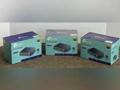 TP – link five port gigabit desktop switch, set of three, comes in original boxes, see pictures for details.