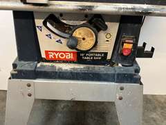 Ryobi 10” table saw with stand, comes with blade cover, and fence. Powers up, take CAUTION, switch is stuck in the on position, see pictures for details.