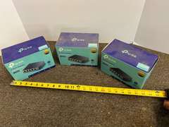 TP – link five port gigabit desktop switch, set of three, comes in original boxes, see pictures for details.