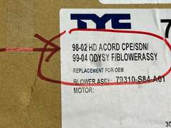 TYC Honda Accord CPE/SDN front blower assembly, for ‘98–‘02 Accords, still new in the box, see pictures for details.