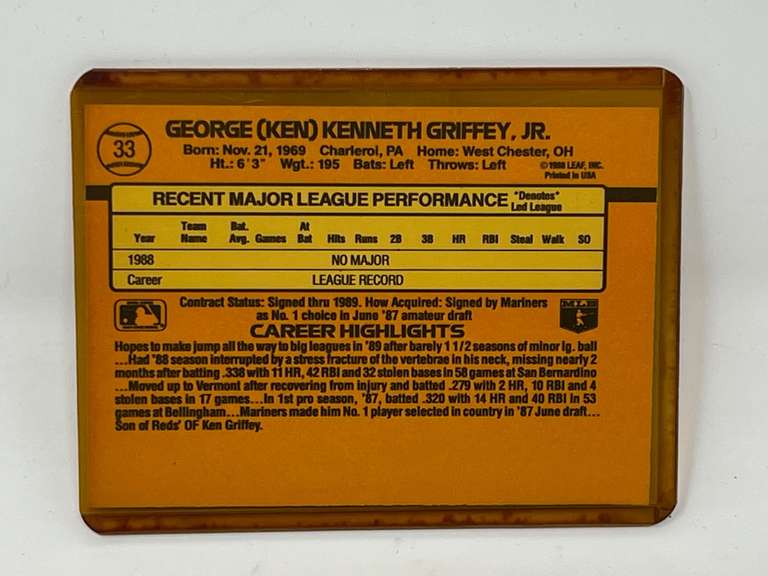 Donruss sports card, Ken Griffey Jr., Rated Rookie, unsearched, see pictures for details.