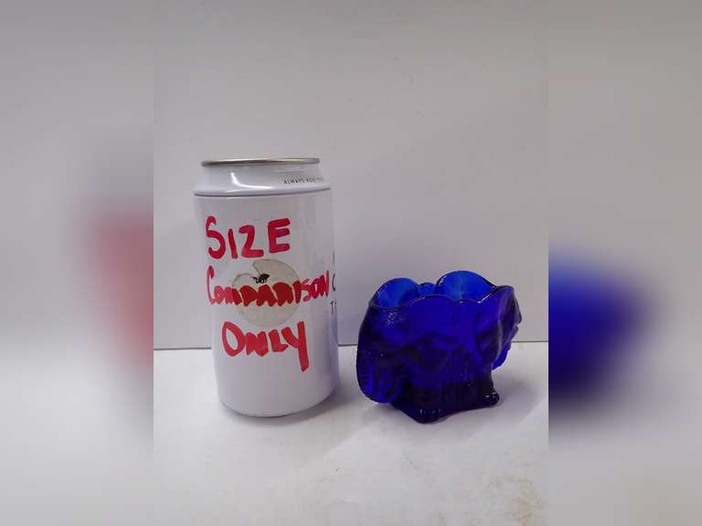 Two Decorative Glass Pieces - Clear Cat Trinket Dish and Blue Elephant