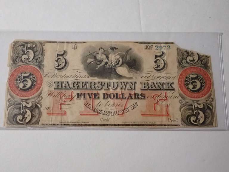 1800s HAGERSTOWN BANK $5 BANK NOTE