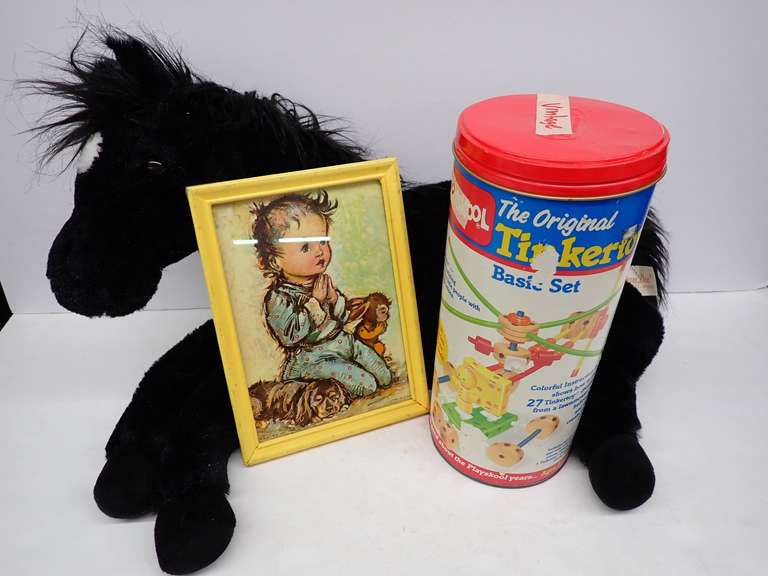 TinkerToy Set, Plush Horse, and Vintage Framed Print