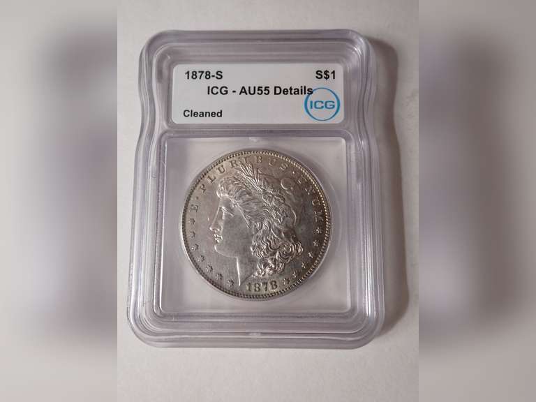 1878-S MORGAN SILVER DOLLAR COIN - ICG AU55 CLEANED