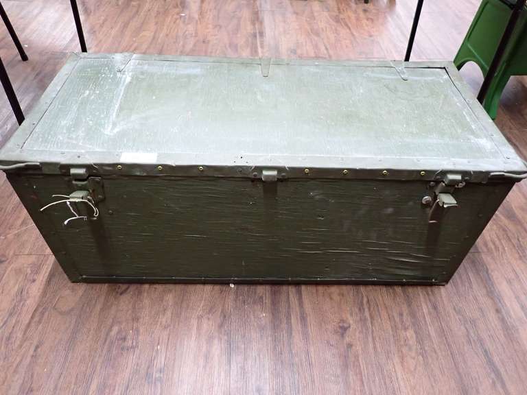 Vintage Military Drab Footlocker Trunk with US Military Sleeping Bag - Measurements in photos.