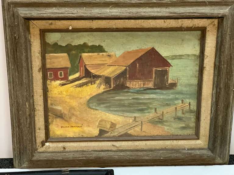 Framed artwork, three pieces, includes a signed piece by Milton Fruehauf, see pictures for details.