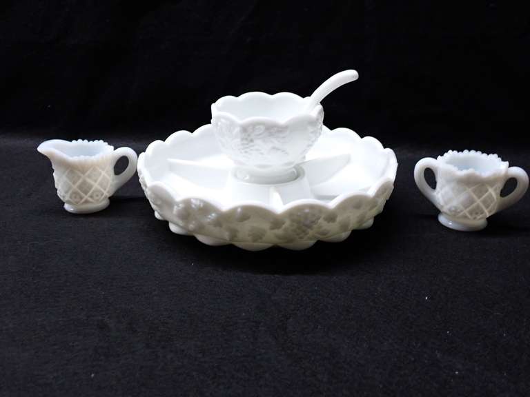 White Milk Glass Relish Dish, Divided Dish and Creamer/Sugar Bowl Set