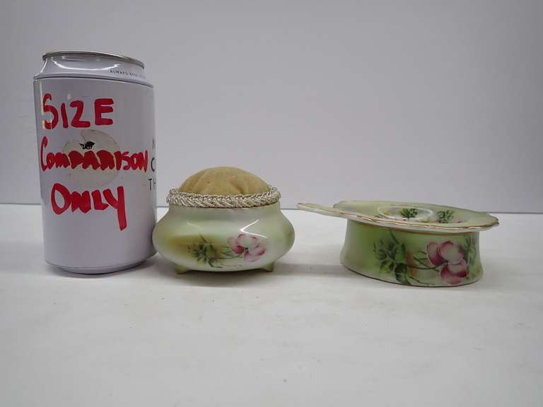 Hand Painted Nippon Porcelain Pin Cushion and Tea Strainer Set