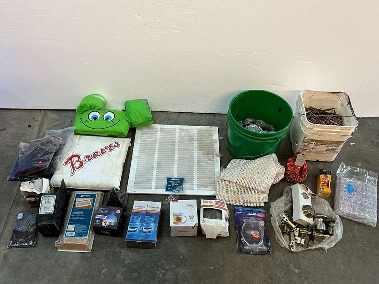 Mystery lot of assorted household goods to include return vent cover, fasteners, alarm clock projector, floor register, and much more. See pictures for details.