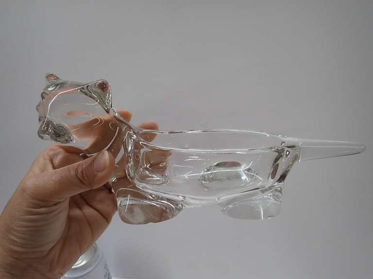 Two Decorative Glass Pieces - Clear Cat Trinket Dish and Blue Elephant