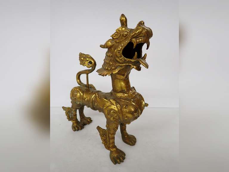 Ornate Metal Foo Dog Statue - Very Heavy